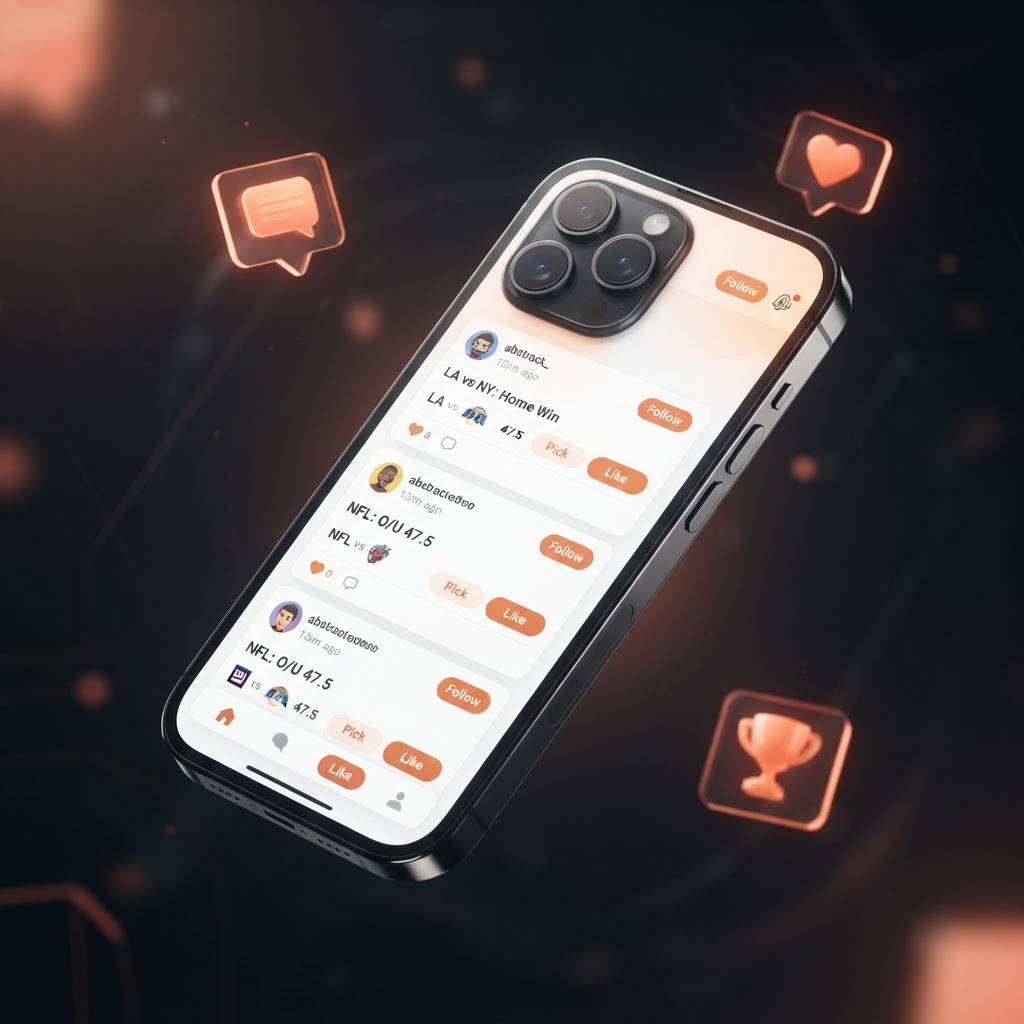 Social sports picks app on iPhone with a feed of pick cards and player avatars