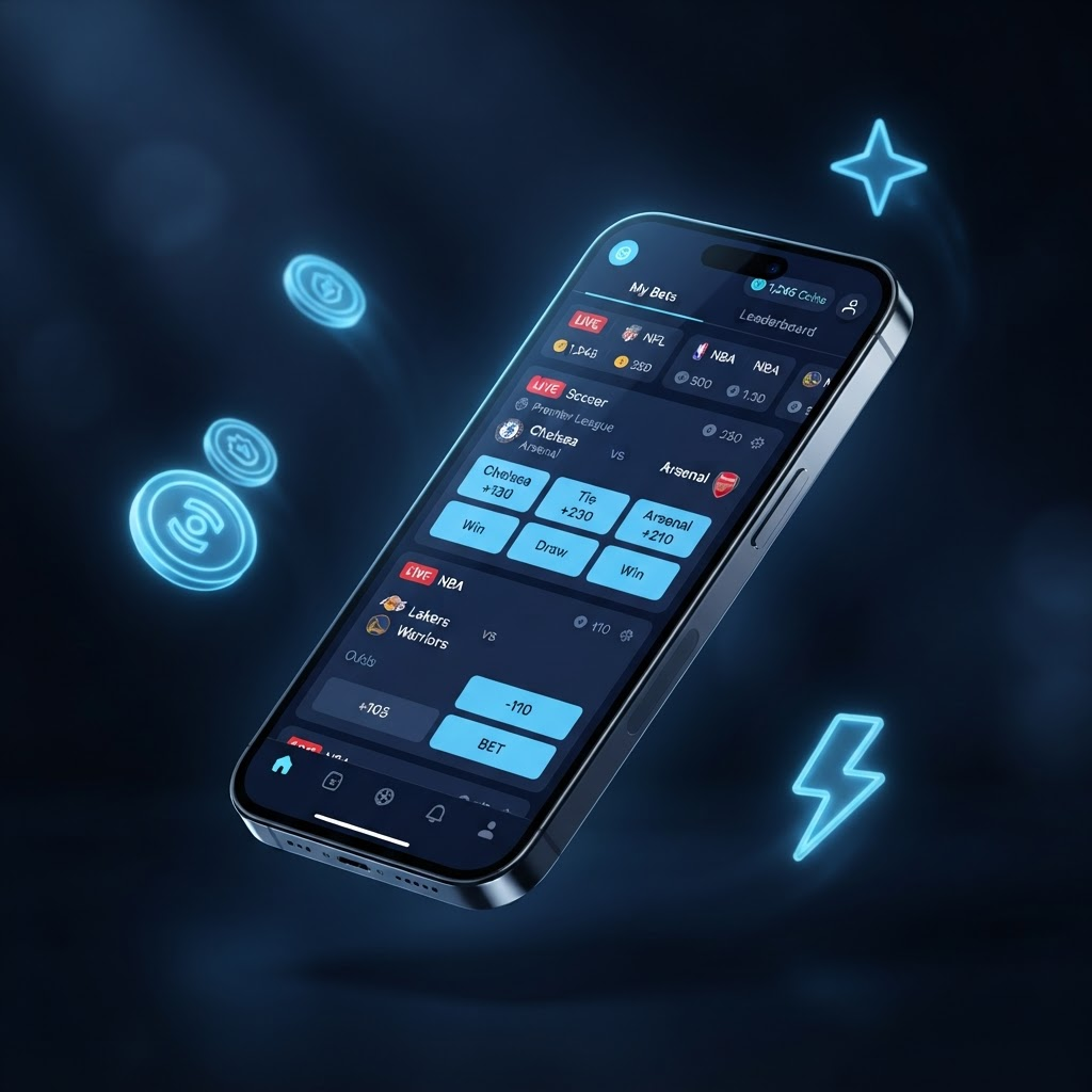 Social sportsbook app on iPhone with sports odds cards and coin balance