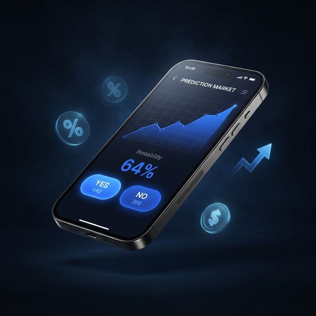 Prediction market trading app on iPhone with rising probability chart and YES/NO prices